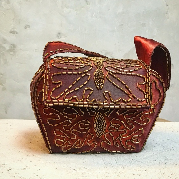 Vintage Handbags - Vintage structured bead embroidered satin red bag